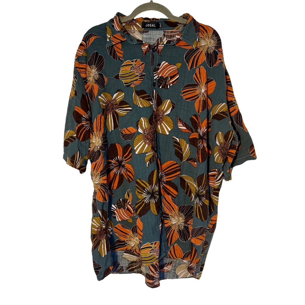 Jora Women's Floral Button Down Shirt - Green and Orange